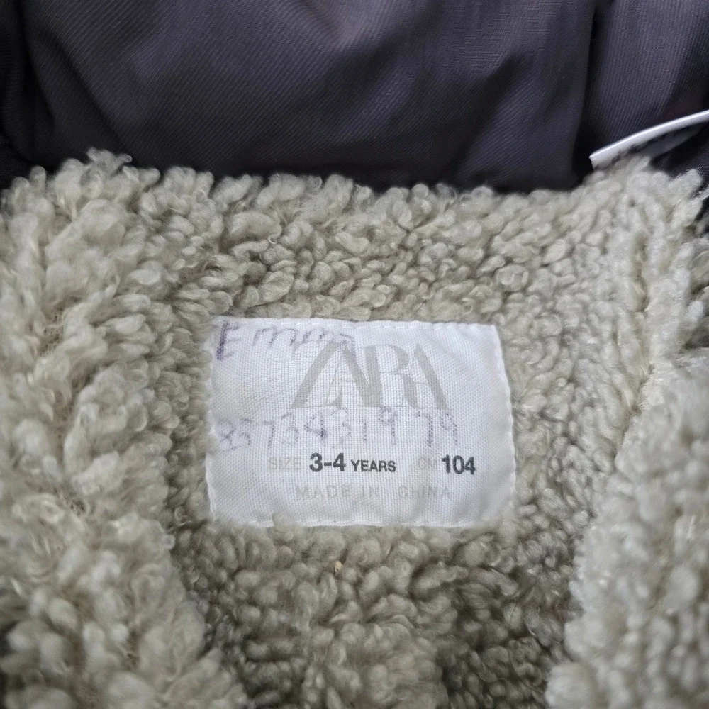 Zara Kids Gray Hooded Puffer Coat Sherpa Lined‎ Size 3-4 Years Unisex